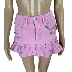 Upcycled Pink High Rise Denim Micro Skirt Y2K Barbiecore Cyber Grommet Chain 0